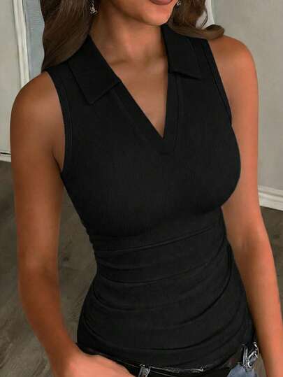 Slaydiva 2026 Spring/Summer New Arrival Casual Basic Versatile White Slim Fit Solid Color V-Neck Polo Neck Sleeveless Women Tank Top. Suitable For Dates, Valentine's Day, Wedding Season, Vacations, Beach, Boho Style, Sandy Beaches, Back To School, Everyday Wear, Parties, Afternoon Tea, Brunch Outfits, Airport Outfits, Casual Street Style-D