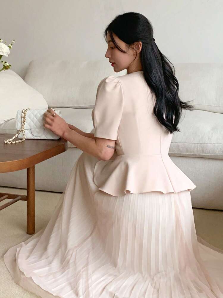 Women's Elegant Mesh Patchwork Pleated Mid-Length Dress, Summer Sundress