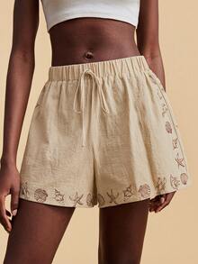 Travachic 女士系带腰带休闲海洋印花度假短裤 - 杏色 - 查看 1