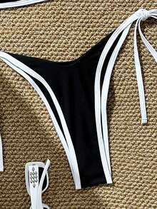 Swim Chiccia Women's Summer Beach Solid Color Spaghetti Strap Halter Triangle Bikini Top And Tie Side Swim Bottoms, Casual Vacation Style Swimsuit Set - Black - View 6