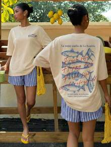 Muchica 女士休闲沙滩度假海洋生物条纹字母印花宽松落肩T恤短裤套装，女士夏季沙滩装 - 彩色 - 查看 7