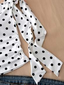 少女夏季休闲波点印花不对称领口系带吊带背心 - 白色 - 查看 3