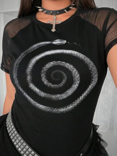 Whyspr Plus Size Casual Minimalist Snake Print Tight Punk Street T-Shirt