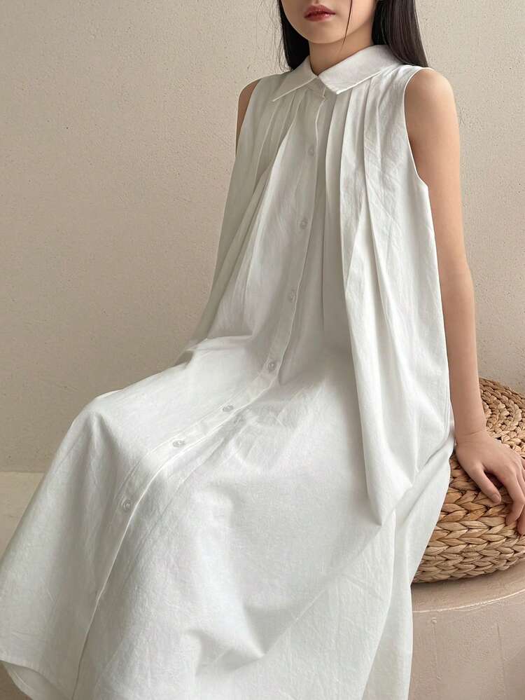 Tween Girls' Casual Everyday Commute Minimalist Solid Color Pleated Sleeveless Loose Dress, Summer