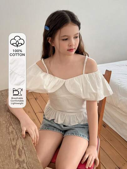 DAZY Áo kiểu dáng thanh lịch ôm sát, màu trơn, dây mảnh, viền bèo nhún dành cho bé gái tuổi teen.