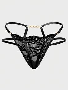 SHEIN Quần lót lọt khe hở trang trí dây xích cho nữ khi đi chơi - màu đen - Xem 8