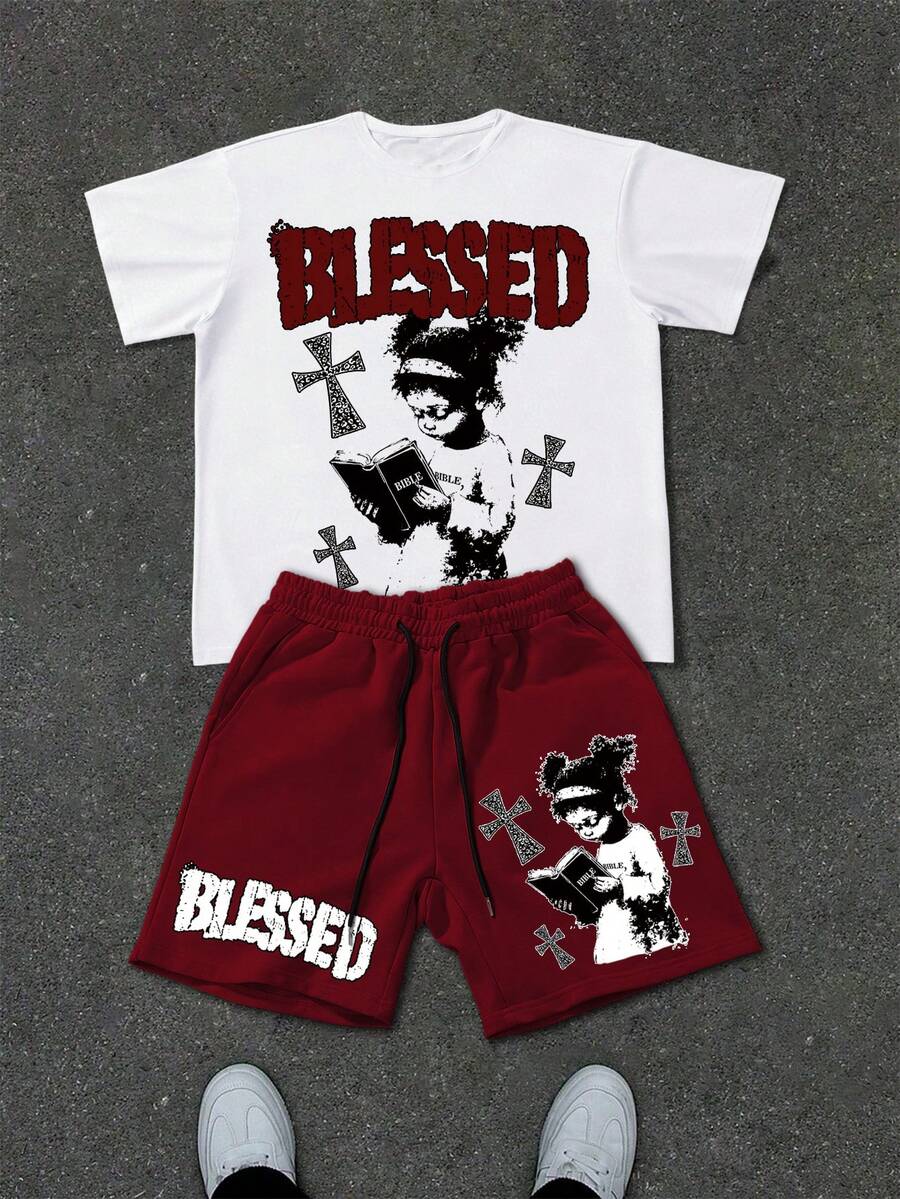 Manfinity EMRG 男士红白撞色T恤套装，复古美式信仰图案印花，祈祷女孩+豹纹十字架印花，复古街头风，休闲装，叛逆信仰，夏季 - 彩色 - 查看 1