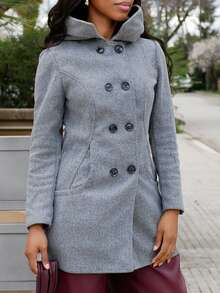 Yess Loren Double-Breasted Hooded Overcoat Fall Winter Cloth For Women - Light Grey - View 5