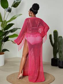 Maweii Plus Size Women's Sweater Set,Hot Pink,Autumn,Boho,Vacation,Holiday,Long-Sleeved Cutout Top & Skirt,Tassels,Seaside,,Elegant,Knitted Swimsuit Suit - Hot Pink - View 5