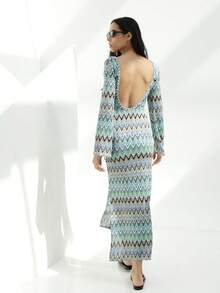 KSTM Đầm maxi dài tay họa tiết zigzag dành cho nữ, xẻ tà bên, cổ tròn, in họa tiết zigzag nhiều màu, dài đến sàn, thích hợp cho mùa xuân hè. - Nhiều màu - Xem 4