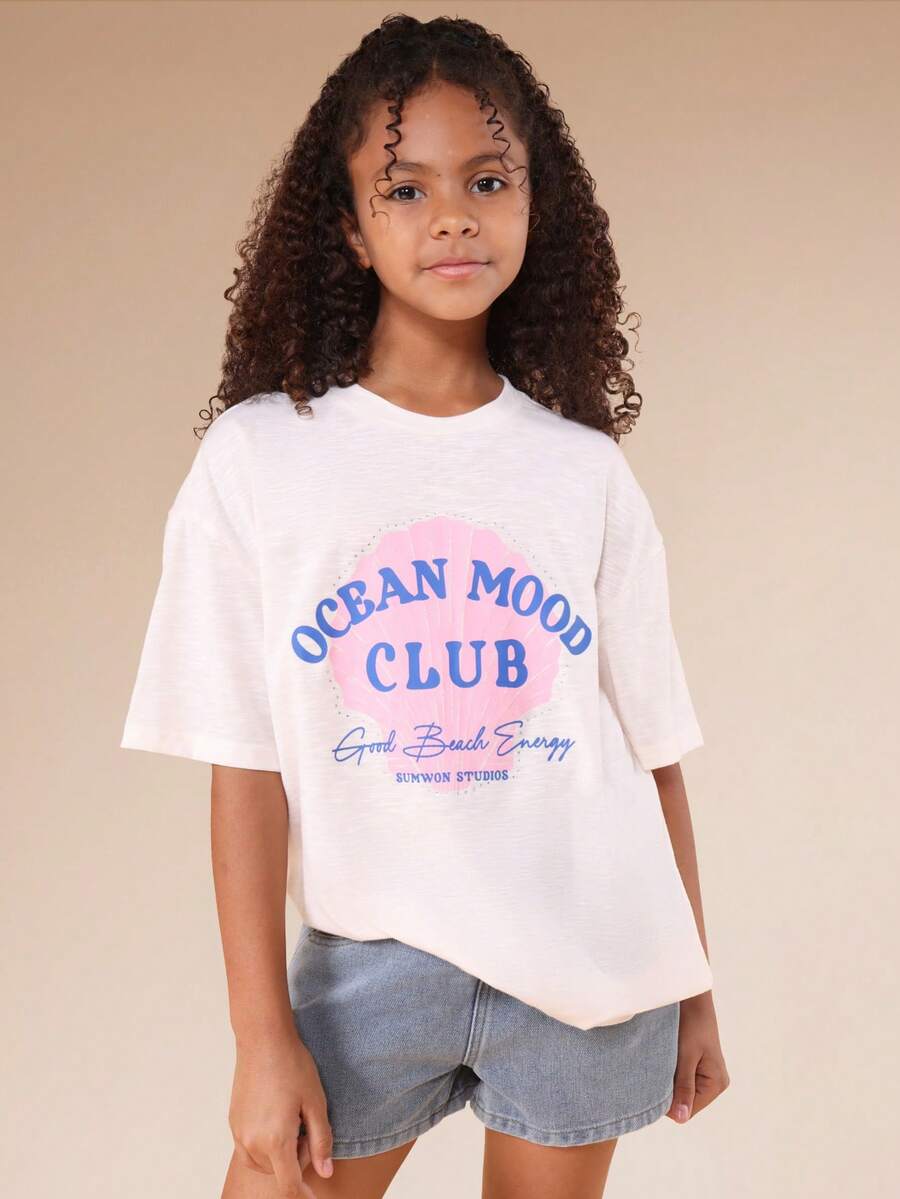 SUMWON Ocean Mood Club Graphic Print Oversized Short Sleeve Crew Neck T-Shirt For Tween Girls Summer Casual Beach Theme Streetwear - Apricot - View 1