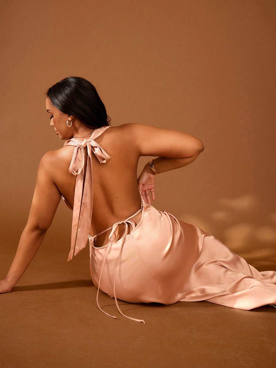 Veslaya Plus Size Women's Elegant Rose Gold Summer Satin Maxi Dress,Draped Neck Backless Silk Dress,Wedding Guest Formal Party Gala Vacation Halo Dress Y2k
