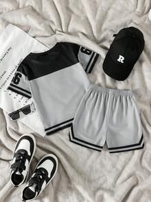 SHEIN Genkimix Kids 两件套男童运动休闲圆领短袖数字印花T恤和印花运动短裤套装，饰有缎带，适合春夏日常穿着、运动、郊游、上学、聚会、度假等场合。 - 彩色 - 查看 2