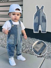 Bubblio Quần yếm denim dáng rộng phối màu tương phản dành cho bé trai - Màu xanh lam - Xem 1