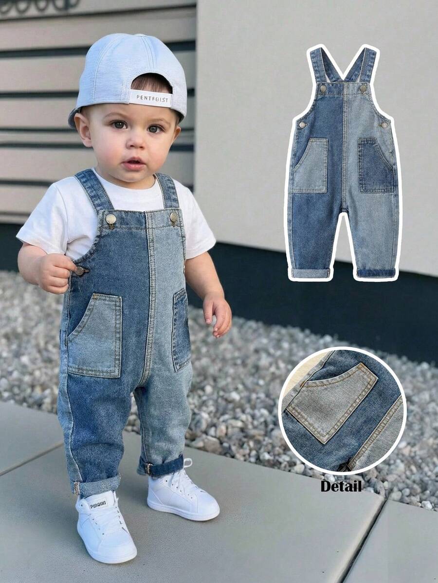 Bubblio Quần yếm denim dáng rộng phối màu tương phản dành cho bé trai - Màu xanh lam - Xem 1
