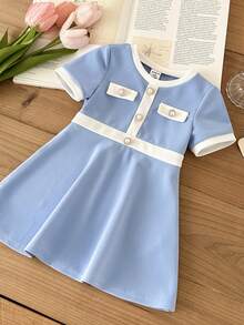 LMoss Kids Vestido casual de punto con cuello redondo y bloques de color para niña bebé - Azul - Ver 7