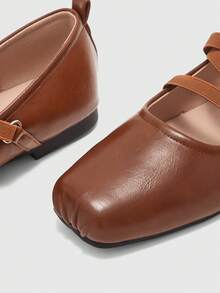 CUCCOO BIZCHIC Women's Brown Strap Square Toe Flat Shoes, Ballet Flats, Retro College Style Classic Casual Cute Design - Brown - View 4