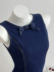 Elamini Fashionable Round Neck Tie-Up Raw Wash Fitted Denim Dress - Dark Wash - View 5