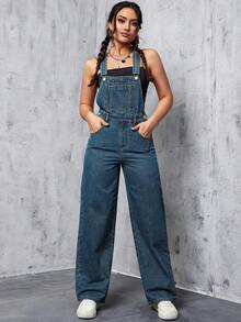 SHEIN ICON Casual Versatile Straight Leg Denim Bib Overall Jumpsuit Back-To-School Student Navy Blue Summer - Dark Wash - View 4