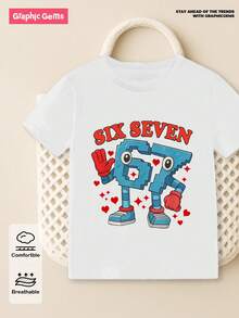 男童休闲舒适时尚百搭创意趣味情人节拟人化“67”数字、“SIX SEVEN”标语、心形和星形图案短袖T恤，春夏外套 - 白色 - 查看 6