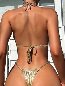 Swim SXY Bộ bikini dây kim loại dành cho nữ đi biển mùa hè - Vàng - Xem 2