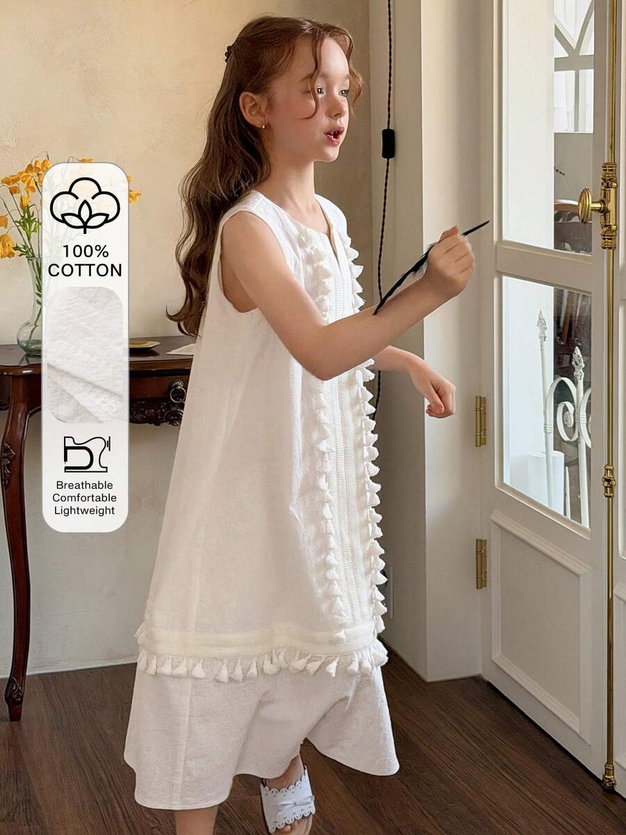 DAZY Girls' Korean Style Fringe Patchwork V-Neck Casual Dress, Fall - White - View 1