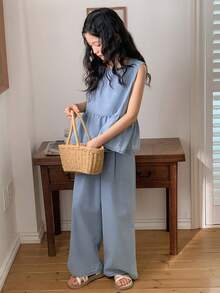 DAZY Conjunto de top de tirantes de mezclilla con volantes en el bajo y pantalones de mezclilla para niña preadolescente de verano informal de unicolor - Azul - Ver 6