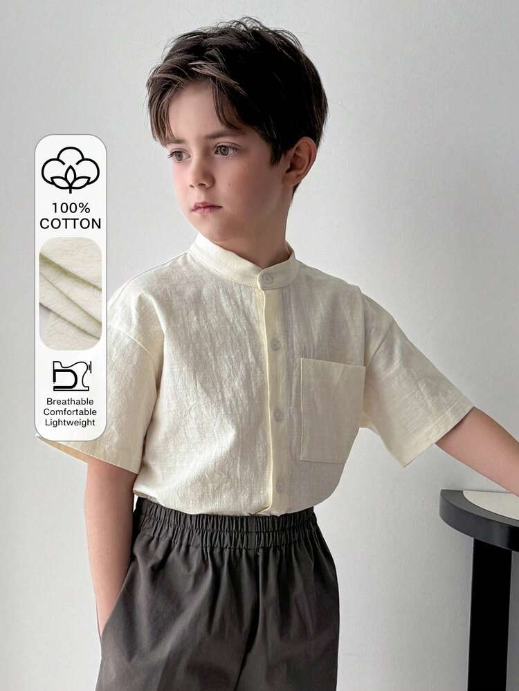 Tween Boy Stand Collar Single-Breasted Short Sleeve Shirt And Shorts Casual Daily Outfit