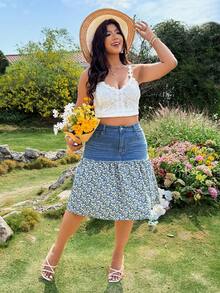 Breezaya Plus Size Women Floral Patchwork Pocket Button Casual Versatile Denim Skirt - Dark Wash - View 6