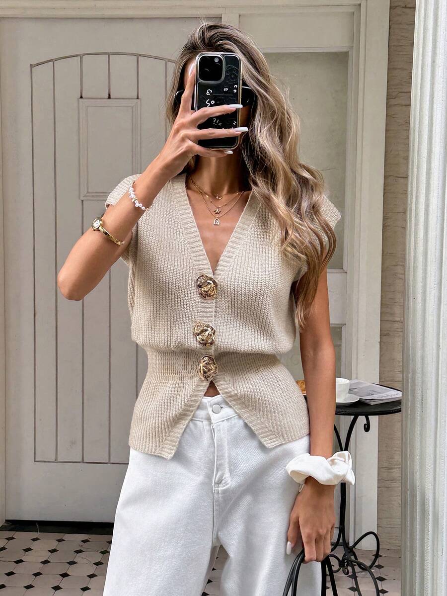 Serisse Women's Casual Sleeveless Knit Cardigan Sweater - V-Neck With Metal Buttons, Stylish Autumn Layering Vest Women's Casual Metal Buckle Knit Top, Summer,Summer ,Spring,Festival,Party , Birthday,Beach,Vacation,Casual,Wedding,Graduation, Going Out, Elegant, - Apricot - View 1