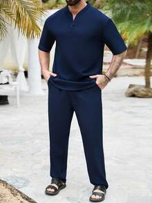 Manfinity RSRT 男士纯色短袖衬衫和裤子休闲套装 - 藏蓝色 - 查看 5