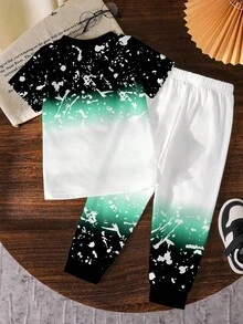 Set 2 pcs Baju dan Celana Tie Dye Motif Huruf untuk Anak Laki-Laki, Pakaian Modis dan Nyaman untuk Anak Laki-Laki, Cocok untuk Semua Musim - MultiWarna - View 3