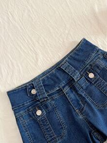 Elamini 女士纽扣休闲百搭日常喇叭牛仔裤 - 中等水洗藍 - 查看 6