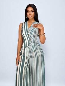 SOLERSUN 两件套女士春夏条纹印花休闲优雅套装，V领无袖裹身背心西装外套和阔腿裤，适合派对、商务、办公室、度假、下午茶等场合。 - 軍綠色 - 查看 1