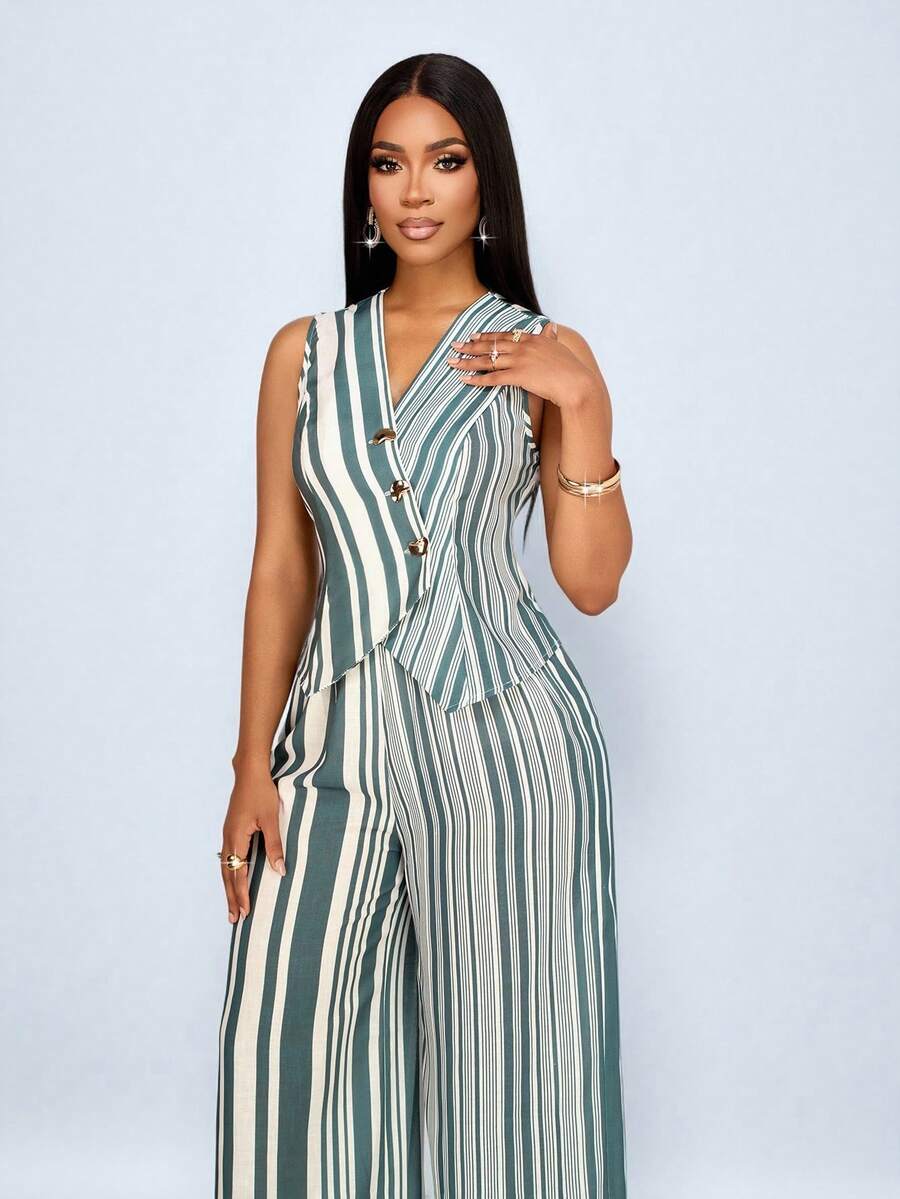 SOLERSUN 两件套女士春夏条纹印花休闲优雅套装，V领无袖裹身背心西装外套和阔腿裤，适合派对、商务、办公室、度假、下午茶等场合。 - 軍綠色 - 查看 1