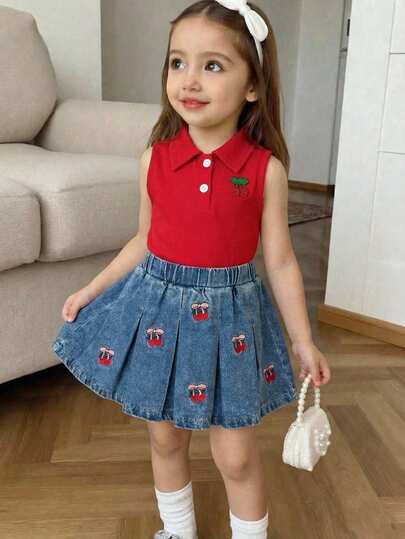 Baby Girls' Knit Cherry Collar Vest Top And Denim Cherry Embroidered Pleated Skirt Set, Fashionable, Sweet And Cute Children Outfit Cherry Outfit For Toddler Girl Todder Girls Jean Skirt Denim Skirt Baby Girl Pleated Jeans Skirt Toddler Back To School Outfits For Baby Girl Baby Girl Denim Skirt Toddler Girl Back To School Outfit Toddler Girl Cherry Denim Skirt Pleated Denim Skirt Toddler Cherry Dress For Girl