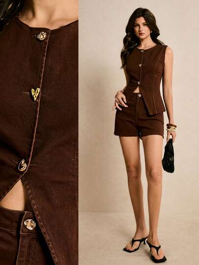 Poéselle New Women's Denim Two-Piece Set, Fitted Casual Denim Vest And Shorts Set, Brown Two-Piece Summer Set. Summer Outfits Spring Women Party Outfit Weddings & Events Going Out Outfits Casual Sets For Women Brown