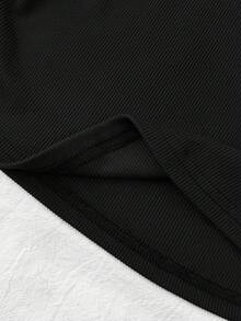 SHEIN Tween Girl Knit Casual Color Block Fitted Crop Top With Small Logo Embroidery, Tween Girl - Black and White - View 5