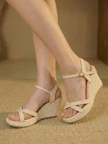 Styleloop Women's Platform-Soled Wedge Sandals Red Summer Open-Toed Straw Rope Woven Shoes Bohemian Vacation Dress Shoes Roman Beach Sandals Holiday Travel Essential Boho Cowgirl Outfit - Beige - View 1