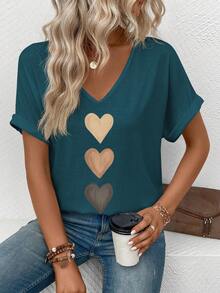 Selamara 女士V领翻边袖口渐变爱心印花休闲百搭T恤，春夏款 - 藍色 - 查看 5