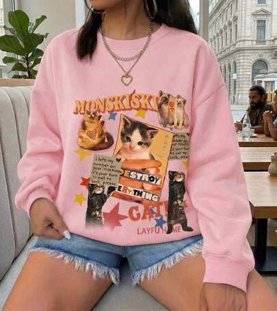 Sudadera casual para mujer con cuello redondo y manga larga diseño holgado material cómod bordado de mariposa primavera otoño uso diario gatos gatitos aestetic