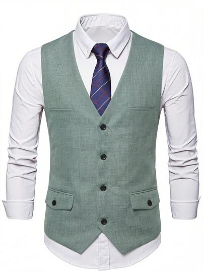 Manfinity Bizformal Men's Sage Green Linen-Blend Suit Vest, Lightweight Breathable Linen Fabric With V-Neck & Pocket Details, Slim Fit For Wedding & Formal Events/Men's Light Green V-Neck Single-Breasted Suit Vest, Suitable For Business Occasions Men Vest Suit Waistcoat Mint Green Men Outfit Men's Sleeveless Outfits
