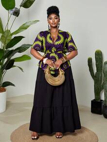 Maweii Purple Autumn Boho Plus Size Plus Size Women Summer Vacation Beach Seaside Wear, Asymmetric Floral Contrast V-Neck, Puffed Sleeves, Elastic Waist Shirt - Multicolor - View 5