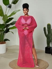 Maweii Plus Size Women's Sweater Set,Hot Pink,Autumn,Boho,Vacation,Holiday,Long-Sleeved Cutout Top & Skirt,Tassels,Seaside,,Elegant,Knitted Swimsuit Suit - Hot Pink - View 4