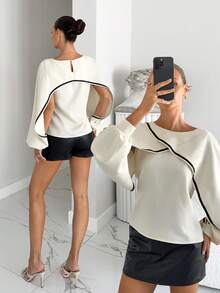 Siren Gaze Elegant Asymmetrical Patchwork Design White Fashion Top, Women's Three-Dimensional Ruffled Unique Cut Long-Sleeved Shirt, Loose And Versatile Business Casual Style Shirt, Summer - Apricot - View 7