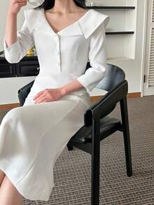 DAZY 女士纯色纽扣中长连衣裙，适合夏季通勤和外出穿着。 - 白色 - 查看 3