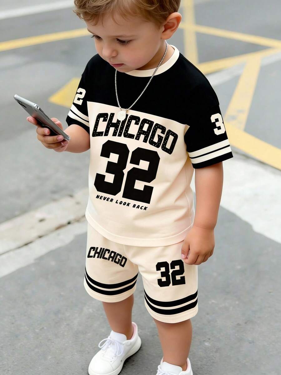 2pcs/Set Toddler Boys' Casual Creative Numeric 32 Chicago Striped Black & White Letter Graphic Print Short Sleeve T-Shirt And Shorts Set, Comfortable Daily Wear For Spring, Summer & Autumn - Multicolor - View 1