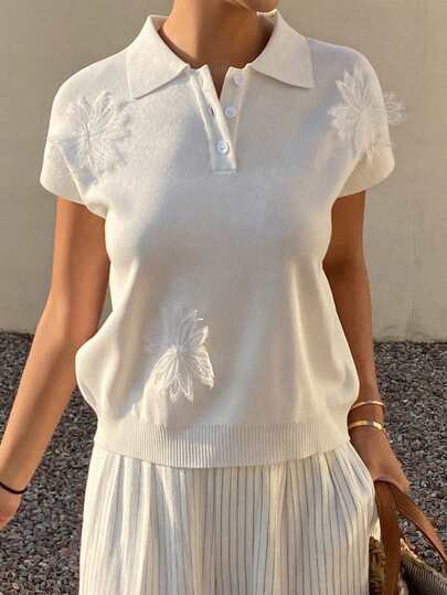 DAZY Colorblock 3D Floral Polo Collar Loose Casual Lightweight Knit Sweater For Women, Summer