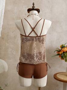 Swim Chiccia 女士可调节露背网纱镂空背心式泳衣套装，休闲配套背心式上衣和下装，适合春夏穿着 - 紅木色 - 查看 3