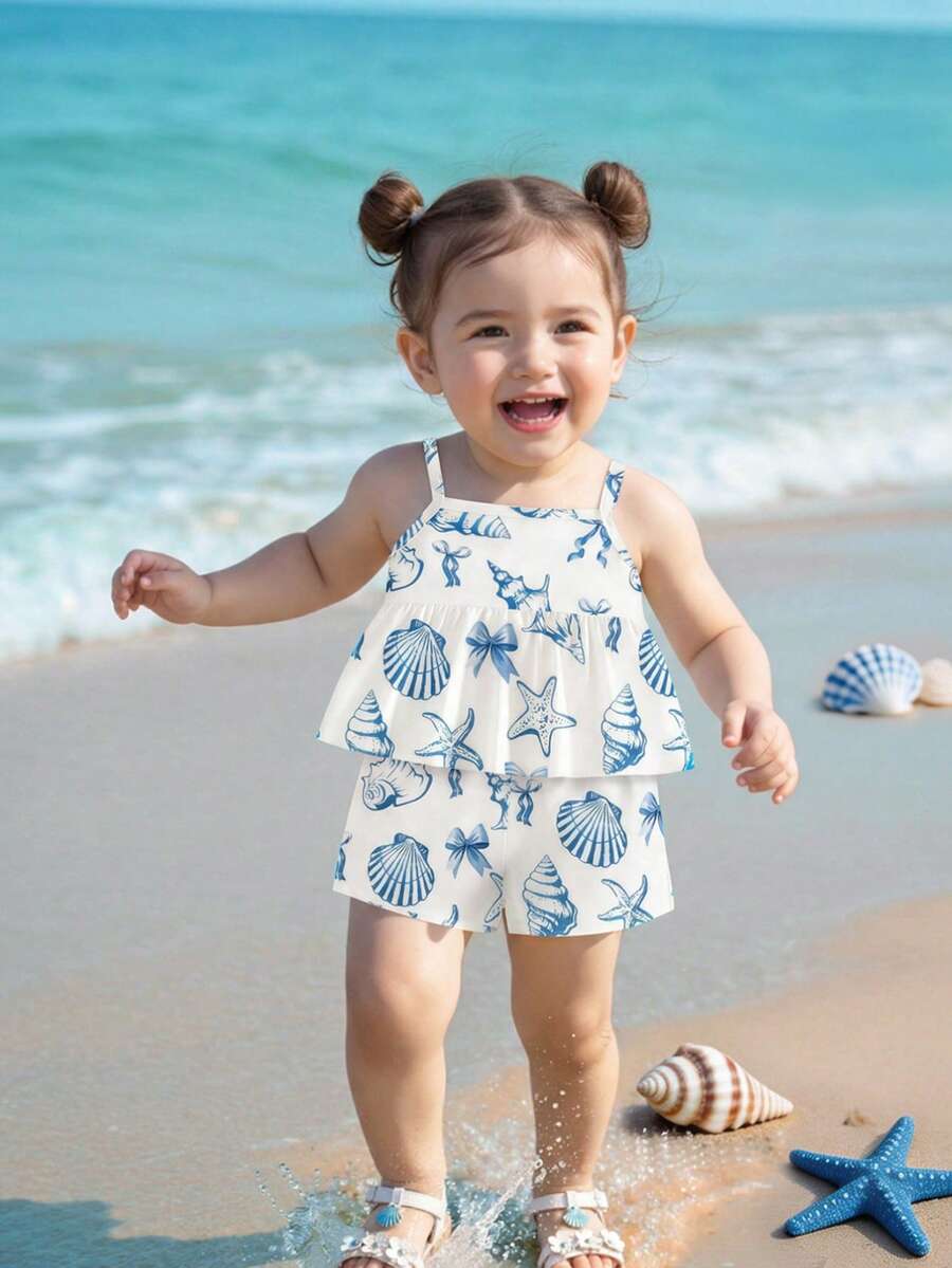 2pcs/Set Toddler Ocean Element Suspender Top + Shorts, Lightweight Breathable Beach Style Summer Outfit - Multicolor - View 1